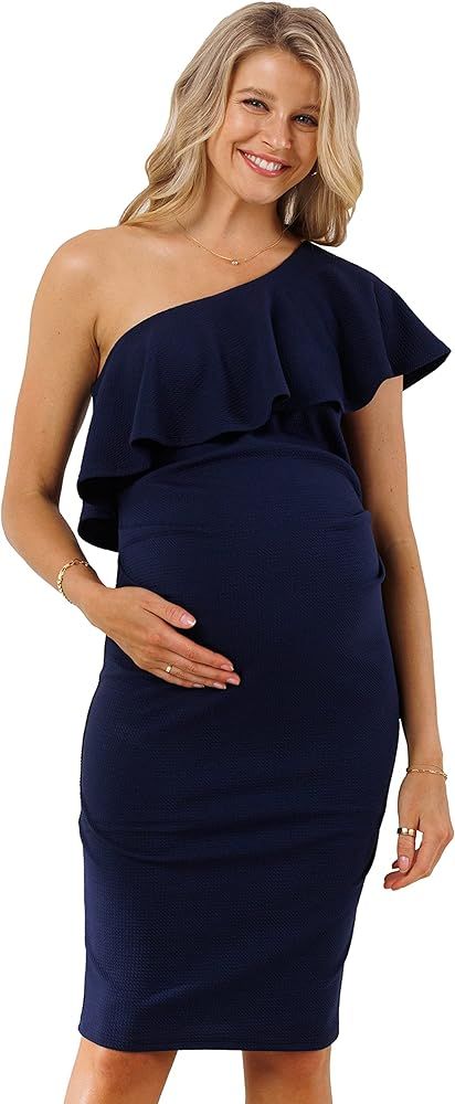 LaClef Women's Maternity Ruffled One Shoulder Side Ruching Dress | Amazon (US)