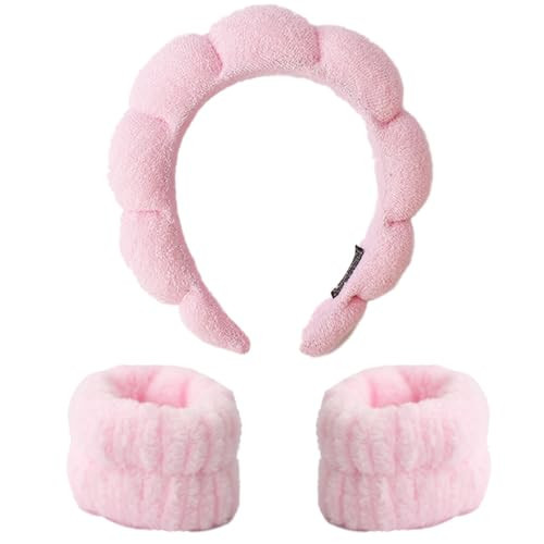 3PCS Spa Headband and Wristband Set, Sponge Headband for Washing Face Soft Puffy Headband Padded Hairband Facial Skincare Makeup Headbands for Women Girls, Pink | Amazon (US)