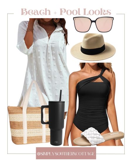 Beach day looks, pool day looks, modest swimwear, swimwear over 40, swimsuit cover up, one piece swimsuit 

#LTKswim #LTKstyletip #LTKover40