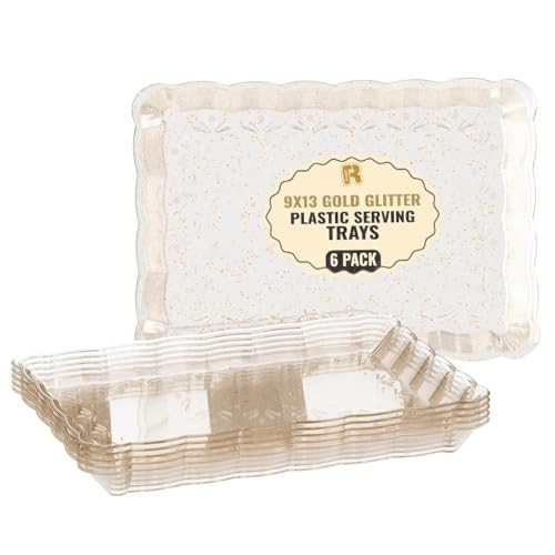 6 Pack Gold Glitter Plastic Serving Trays for Party, 9 x 13 Inch - Heavy Duty Plastic Gold Trays for Food - Rectangular Party Serving Platters | Amazon (US)