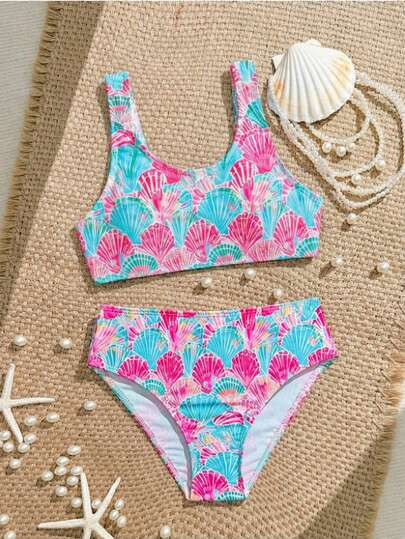 Girls' Cute Shell Digital Print Camisole Bikini Set, Suitable For Beach Vacation, Spring/Summer/A... | SHEIN