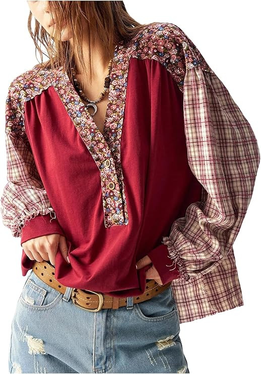 SOLY HUX Women's Plus Size Blouse Floral Plaid V Neck Lantern Long Sleeve Boho Vacation Casual Sh... | Amazon (US)
