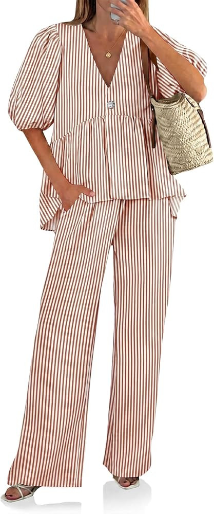 Tankaneo Womens 2 Piece Linen Sets V Neck Puff Sleeve Matching Set     Babydoll Top, Wide Leg Pan... | Amazon (US)