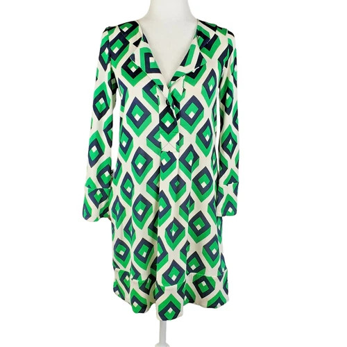 Diane Von Furstenberg Vintage Green White Long Sleeve Silk Shift Dress Size 4 | eBay US