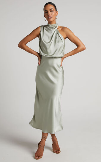 Minnie Midi Dress - Drape Neck Satin Slip Dress in Sage | Showpo (US, UK & Europe)