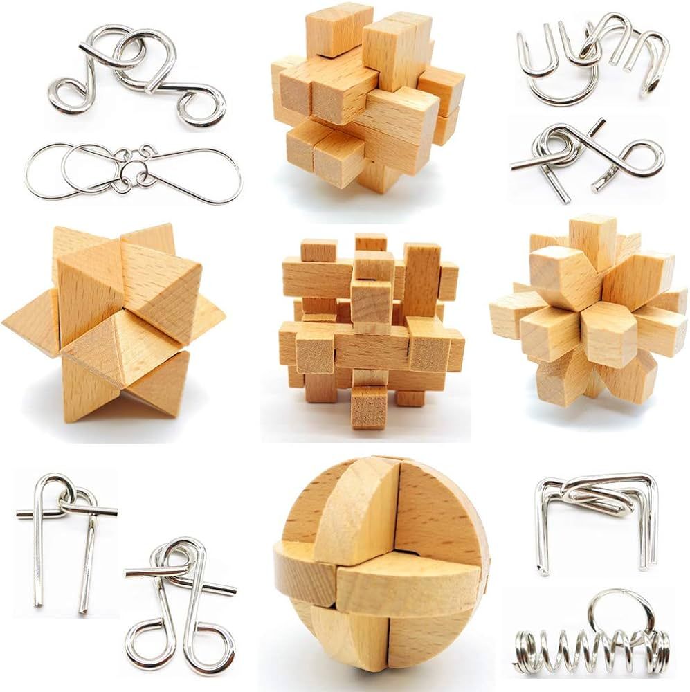 Qiandier Wooden 3D Puzzle Mini 5pcs with 8pcs Metal Brain Teasers Puzzles Mind Game Toys Set for ... | Amazon (US)