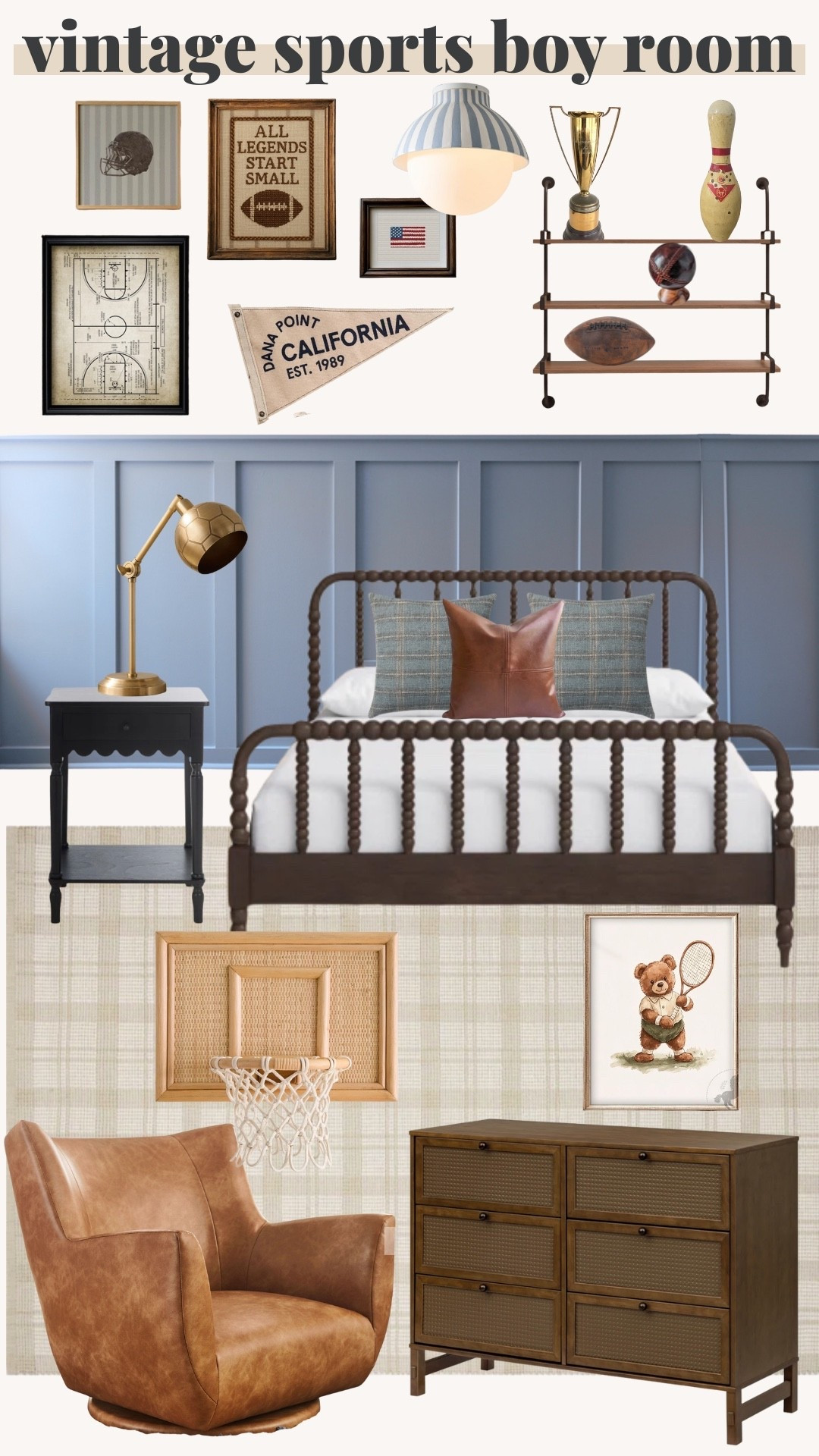 Vintage sports boy room! 

Bed bedding, throw pillows, dresser, wall art, shelves, nightstand, shelves 

#LTKHome #LTKU #LTKSeasonal