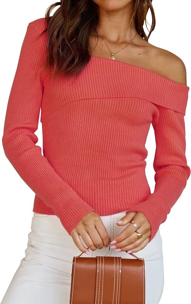 ZESICA Women's Sexy One Shoulder Ribbed Knit Crop Wrap Casual Long Sleeve Solid Sweater Pullover Top | Amazon (US)
