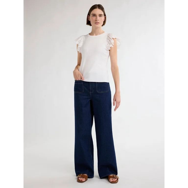 Free Assembly Women's and Women's Plus Eyelet Flutter Sleeve Tee, Sizes XS-4X | Walmart (US)