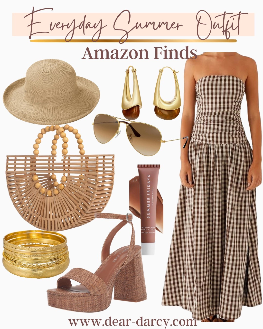 Amazon affordable finds 
 Perfect for Summer and great for vacation

Strapless gingham maxi dress 
Fits tts and comes in several color options 

The cutest woven raffia strap sandals with block heals -affordable tts

Bamboo bag designer inspired 

Cute straw hat 

Gold bangles 

Summer Friday lip gloss 

Rayna sunglasses 

The cutest gold and tortoise drop earrings 



#LTKStyleTip #LTKFindsUnder50 #LTKOver40