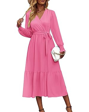 PRETTYGARDEN Women's Floral Print Boho Dress Long Sleeve Wrap V Neck Ruffle Belted A-Line Flowy M... | Amazon (US)
