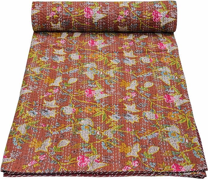 Marubhumi Indian Handmade Vintage Kantha Paradise Quilt, Reversible Kantha Quilt (Brown, Twin (60... | Amazon (US)