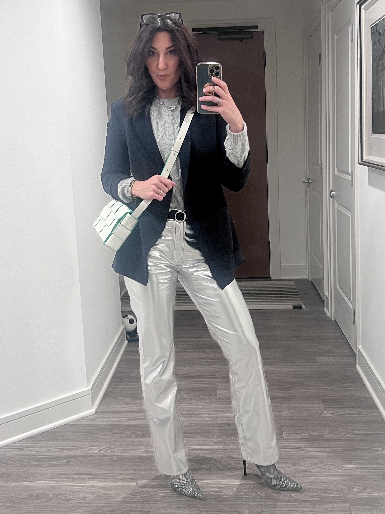 Keep it simple with a ✨ 

#silverpants

**im wearing a size 6 in the pants, small blazer. 

Sweater is old from Nordstrom and boots are Zara. Linked some similar  

#LTKHoliday #LTKstyletip #LTKSeasonal