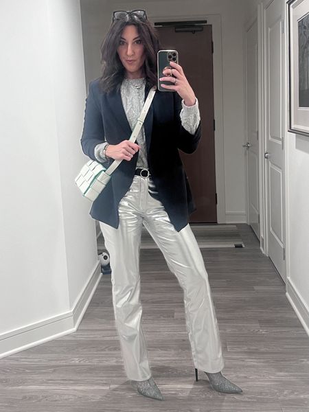 Keep it simple with a ✨ 

#silverpants

**im wearing a size 6 in the pants, small blazer. 

Sweater is old from Nordstrom and boots are Zara. Linked some similar  

#LTKHoliday #LTKstyletip #LTKSeasonal