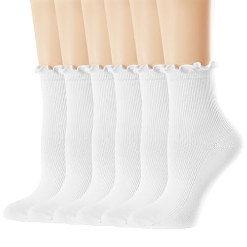Mcool Mary Womens Crew Socks Ruffle White Casual Cotton Frilly Breathable Cute Knit Lettuce Trim Ankle Socks 6 Pack | Amazon (US)
