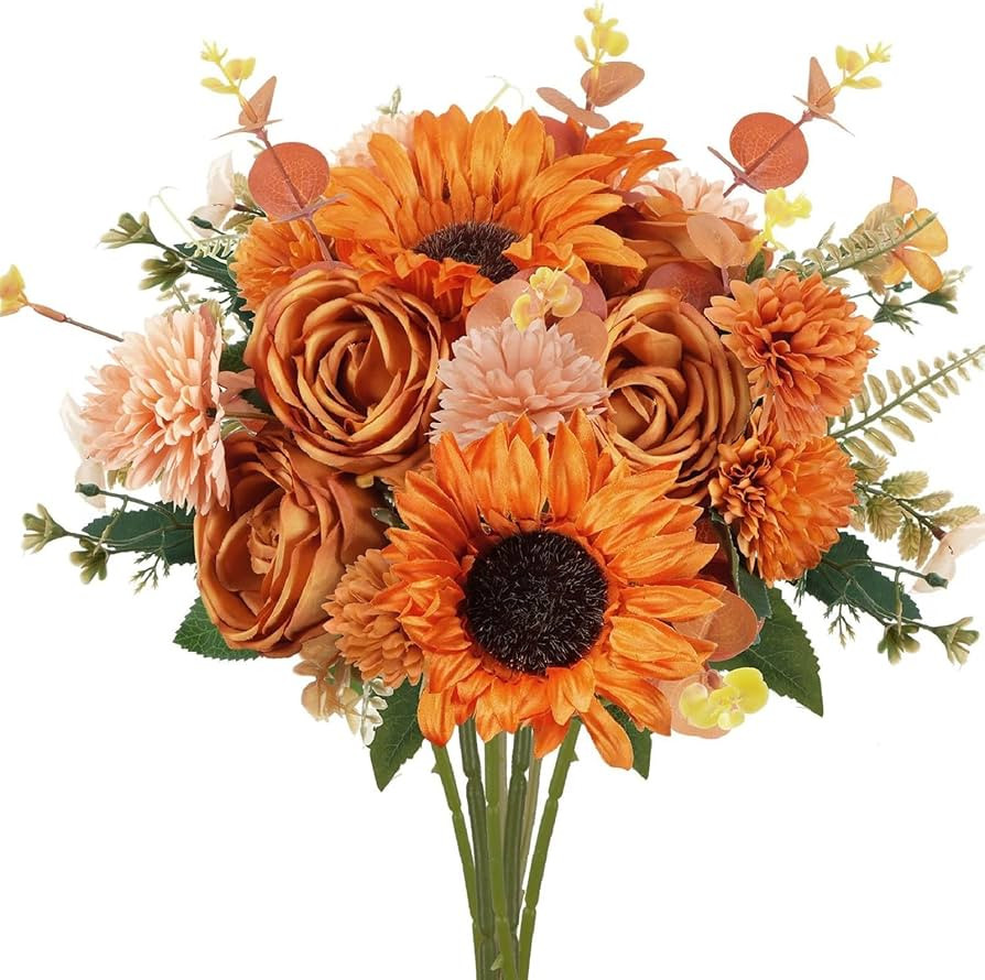 Fall Flowers Artificial Sunflowers Bouquet Fall Decor Orange Flowers with Fake Mums Faux Silk Flo... | Amazon (US)