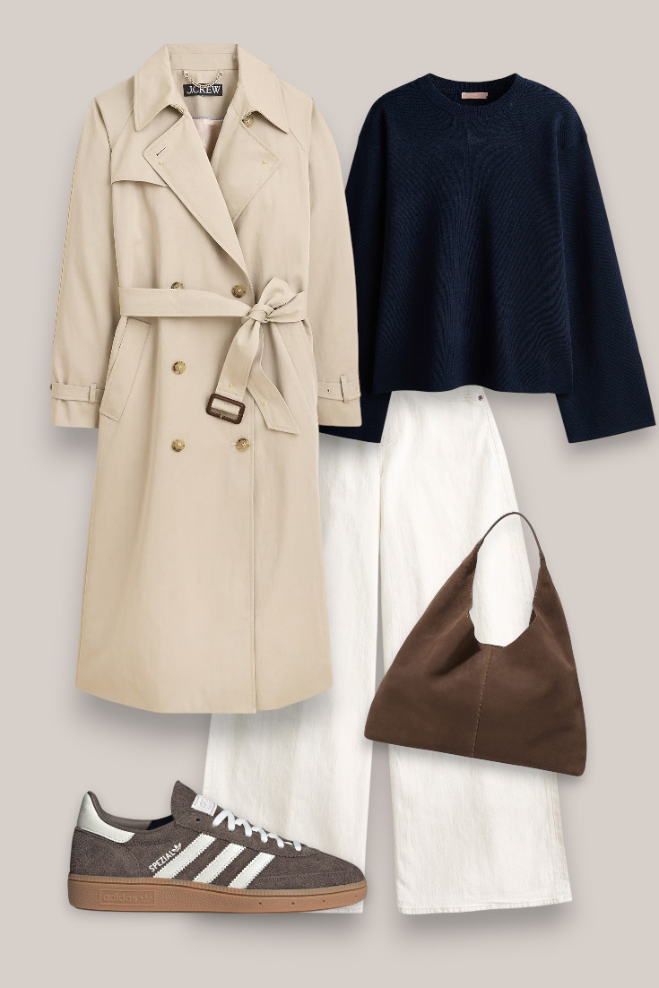 White jeans definitely don’t need to disappear after summer. Pair them with a navy knit, cream trench and brown suede trainers for an easy transitional outfit. #whitejeans #trenchcoatoutfit #transitionalstyle #casualstyle 

 #LTKautumn #LTKjeans #LTKstyletip