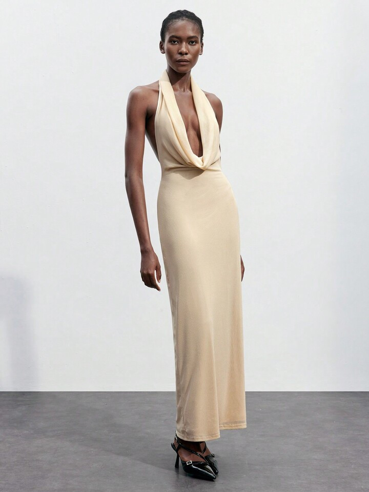 SHEIN Maija Urbane Modern Elegant Daily Party Formal Champagne Women's Cowl Neck Mid-L | SHEIN