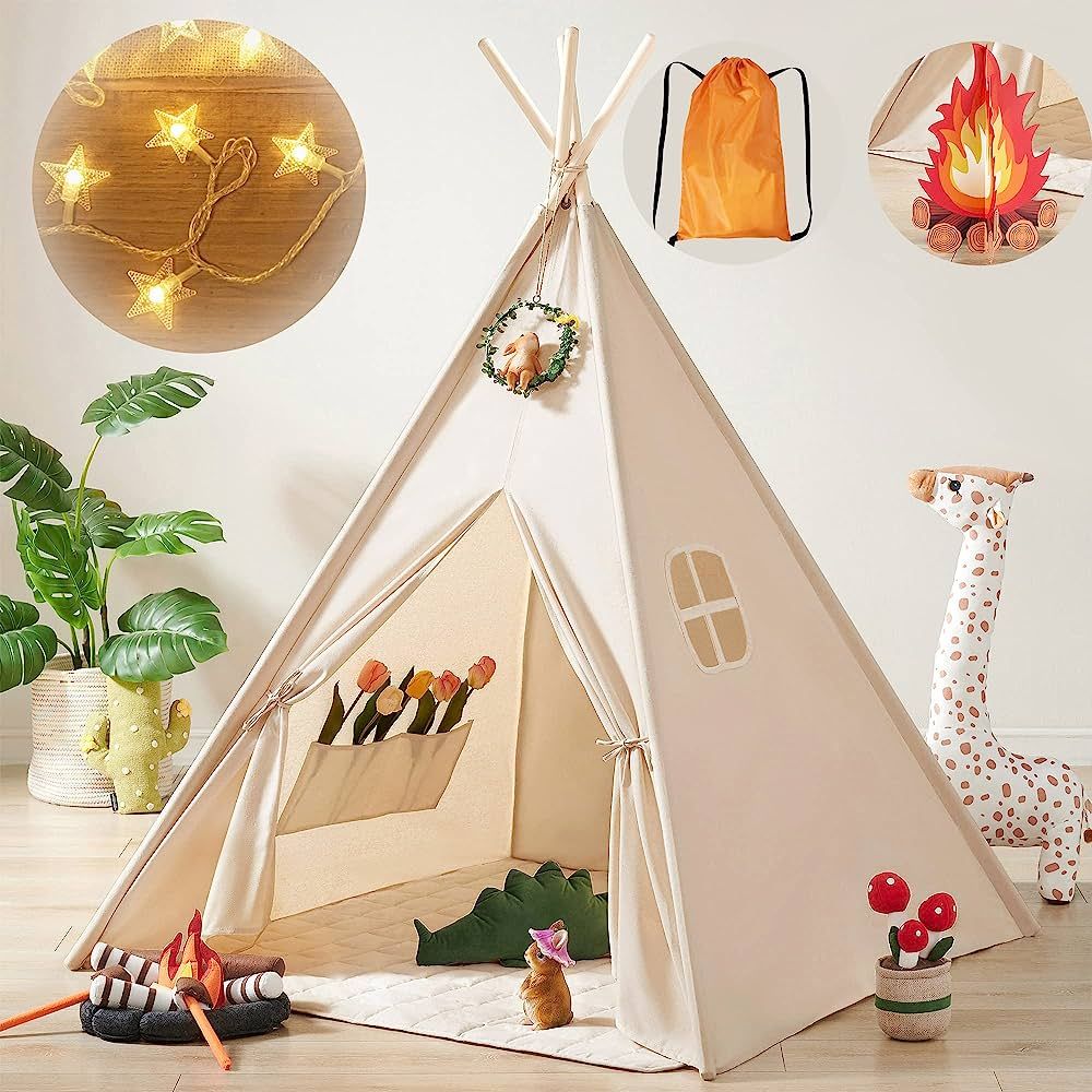 Kids-Teepee-Tent with Lights & Campfire Toy & Carry Case, Foldable Kids Tent, Canvas Toddler Tent... | Amazon (US)