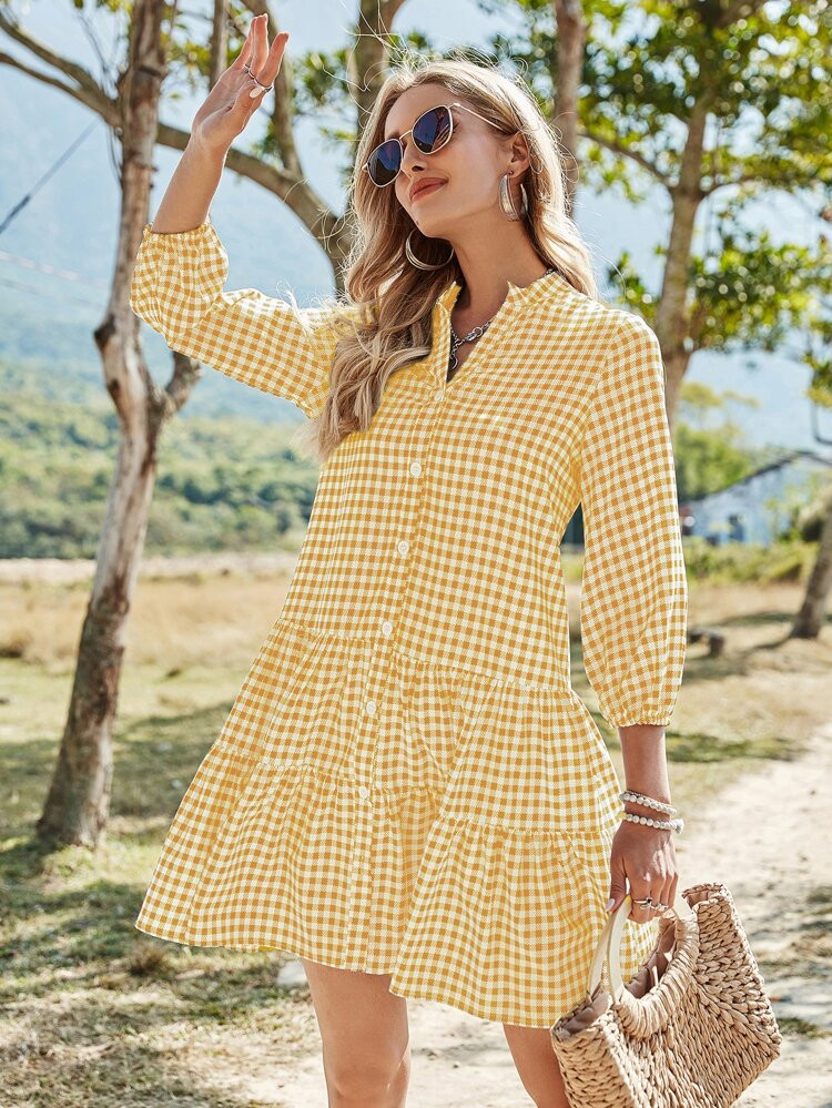 Gingham Notch Neck Ruffle Hem Dress | SHEIN