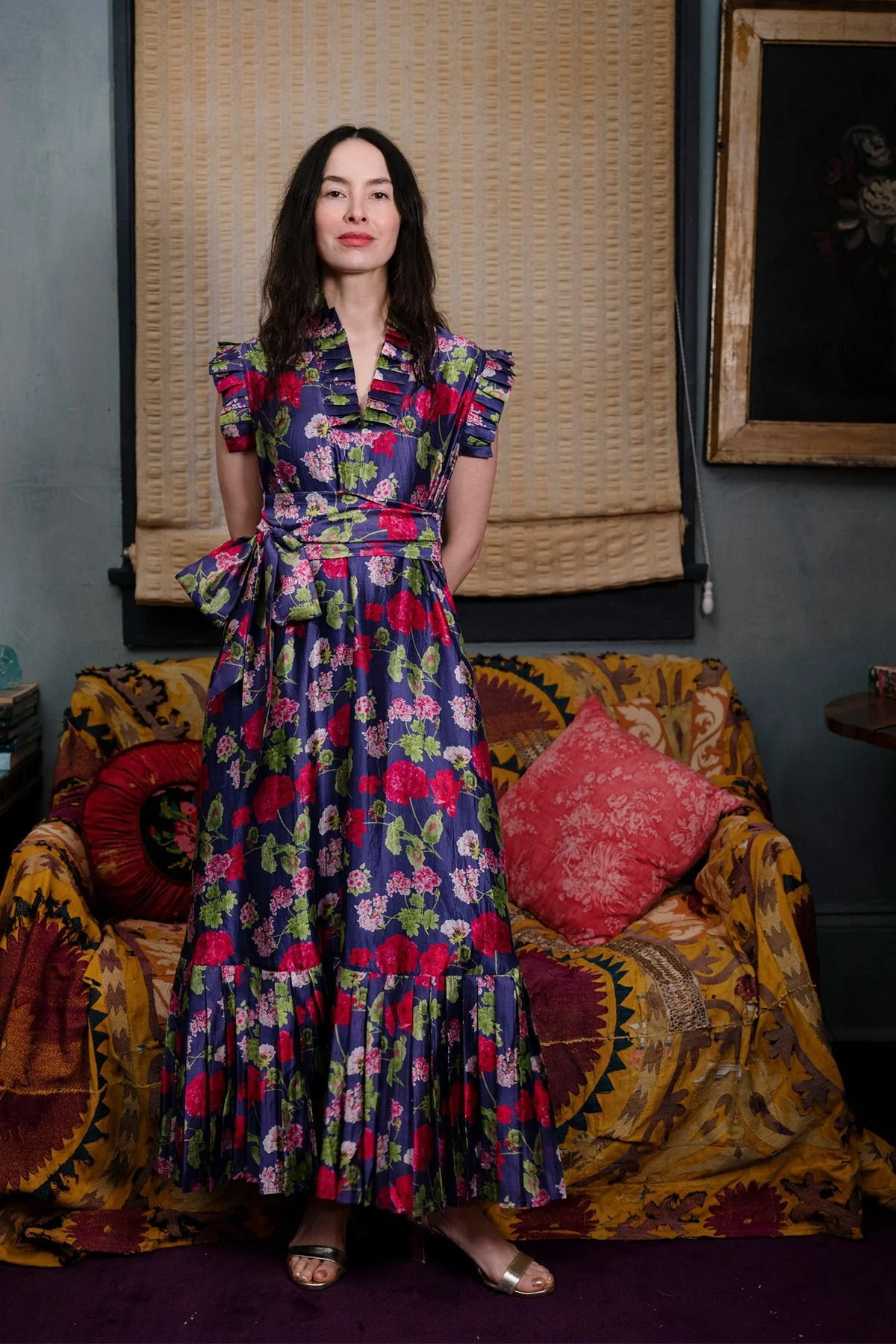 Sleeveless Pleated SUE SARTOR Flounce Maxi | Geranium Silk | SUE SARTOR