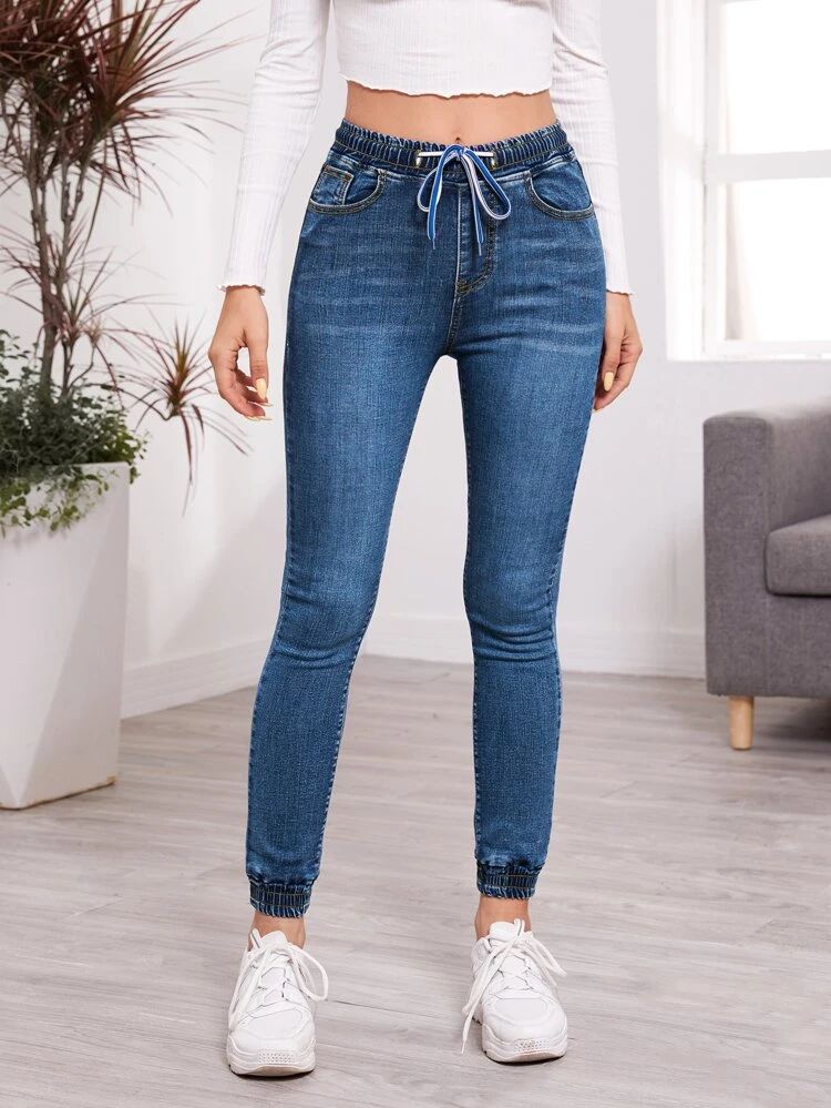 Slant Pocket Drawstring Waist Skinny Jeans | SHEIN