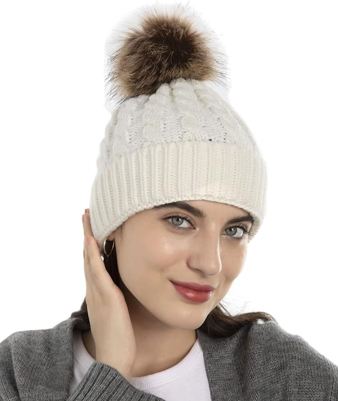 Simplicity Womens Winter Beanies Hand Knit Faux Fur Pompoms Beanie Hats | Amazon (US)