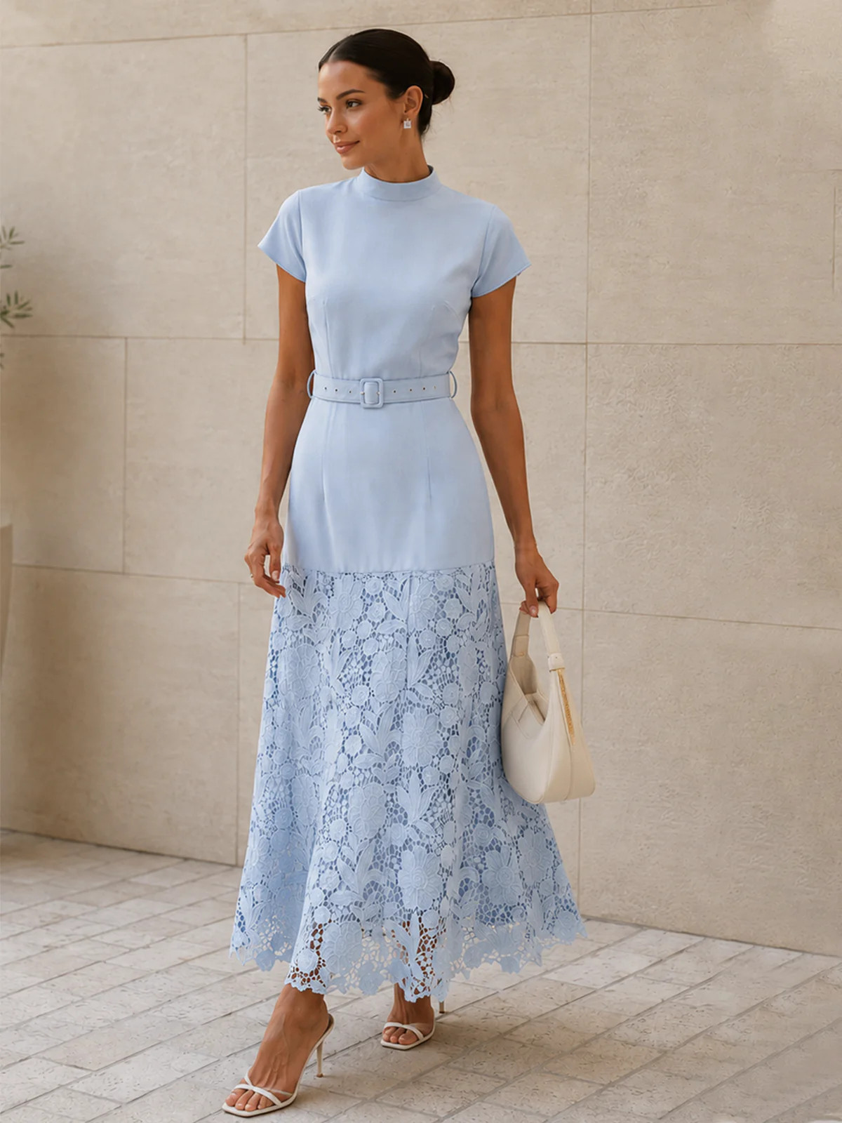 Belted Short Sleeve Lace Hem Midi Dress | Commense