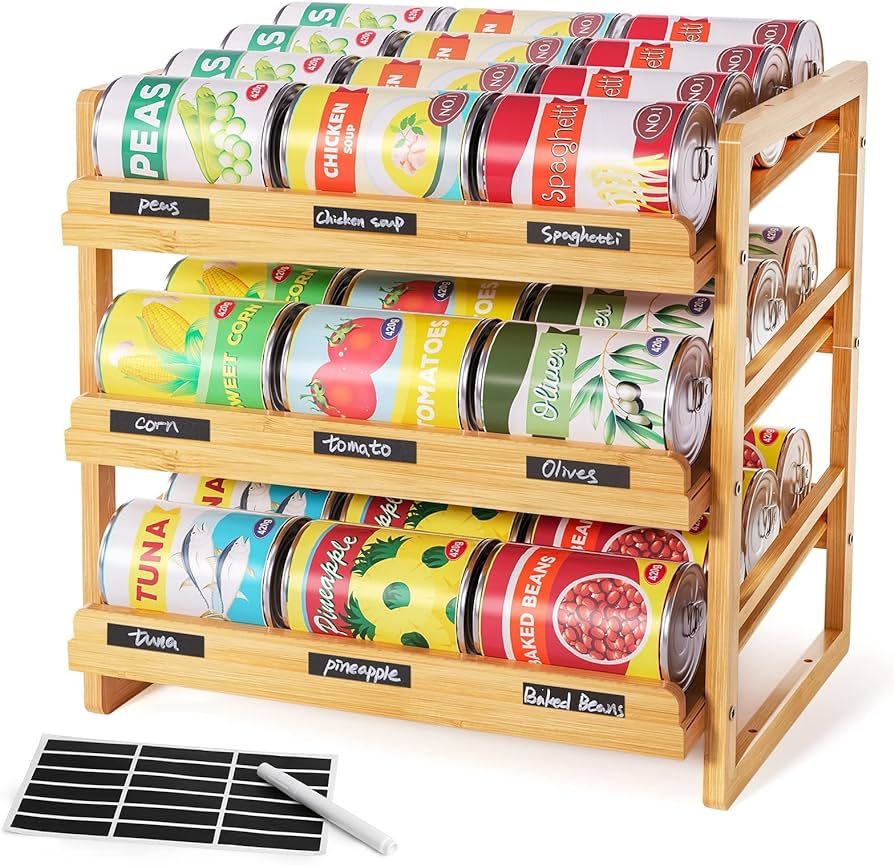 Bamboo Can Rack Organizer, 3 Tier Stackable Can Storage Rack with Label Sticker and Marker Pen, C... | Amazon (US)