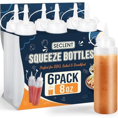 SECLENT 8 oz Squeeze Bottles, Plastic Condiment Squeeze Bottles for Sauces, Ketchup, Squirt Bottle for Dressing, Sauce Bottle for Syrup, Oil, Dressing, Mustard, Pancake Batter - 6 Pack | Amazon (US)