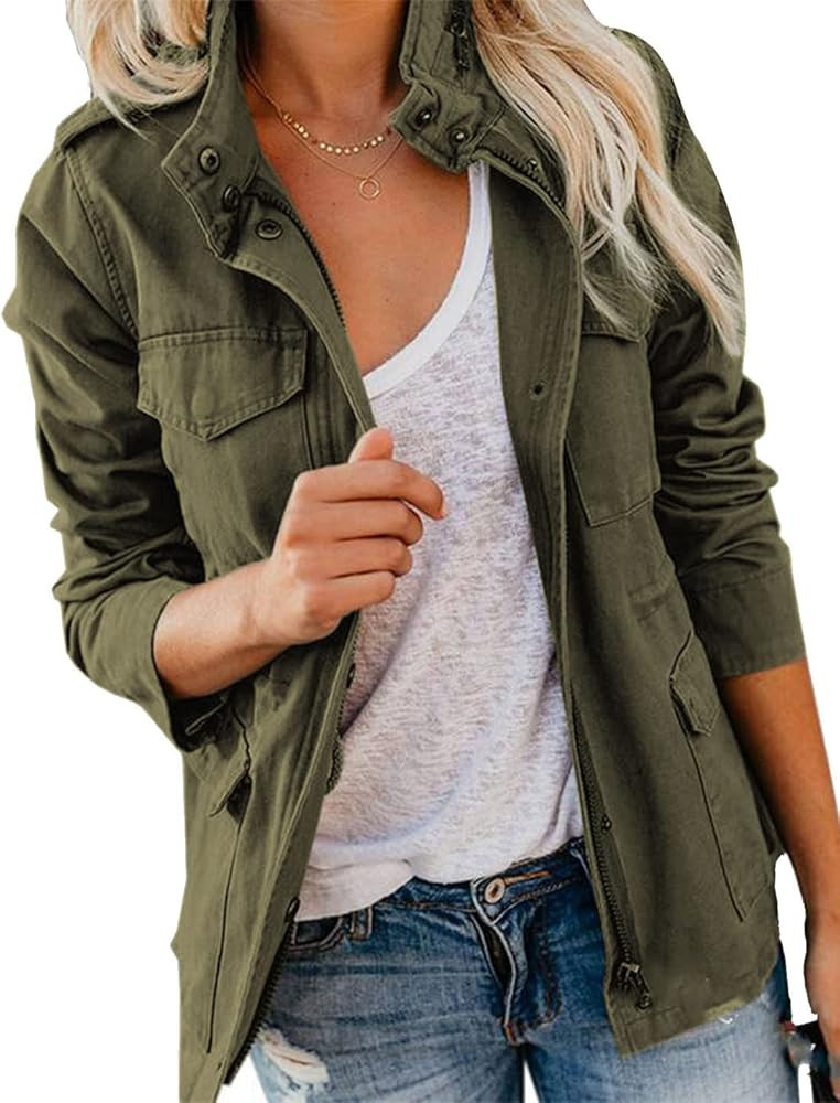 Fhniepan Womens Military Jacket Lapel Long Sleeve Zip Up Snap Buttons Lightweight Utility Anorak Fie | Amazon (US)