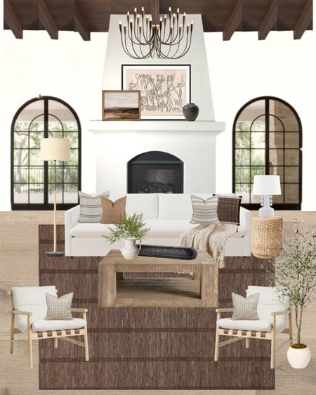 New living room design! Spanish Modern meets California Casual with the warm rug, accent chairs? Wood side table, and moody throw pillows  

#LTKfindsunder100 #LTKhome #LTKfamily