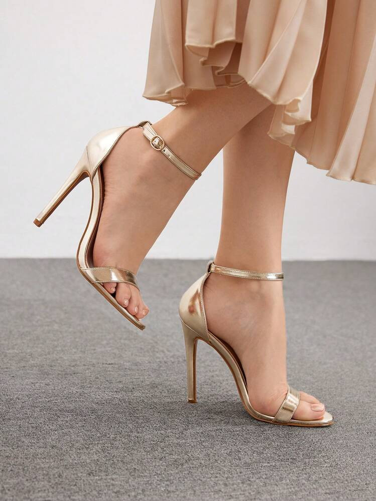 CUCCOO BIZCHIC "Women's Metallic Gold Stiletto Heel Sandals - Open Toe Ankle Strap Footwear For Daily Wear & Party Evening" For Christmas Spring Shoes Summer Shoes | SHEIN