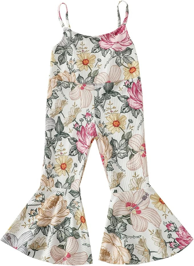 Toddler Girl Bell Bottom Romper Baby Floral One Piece Ribbed Cotton Jumpsuit Flare Pants Overalls... | Amazon (US)