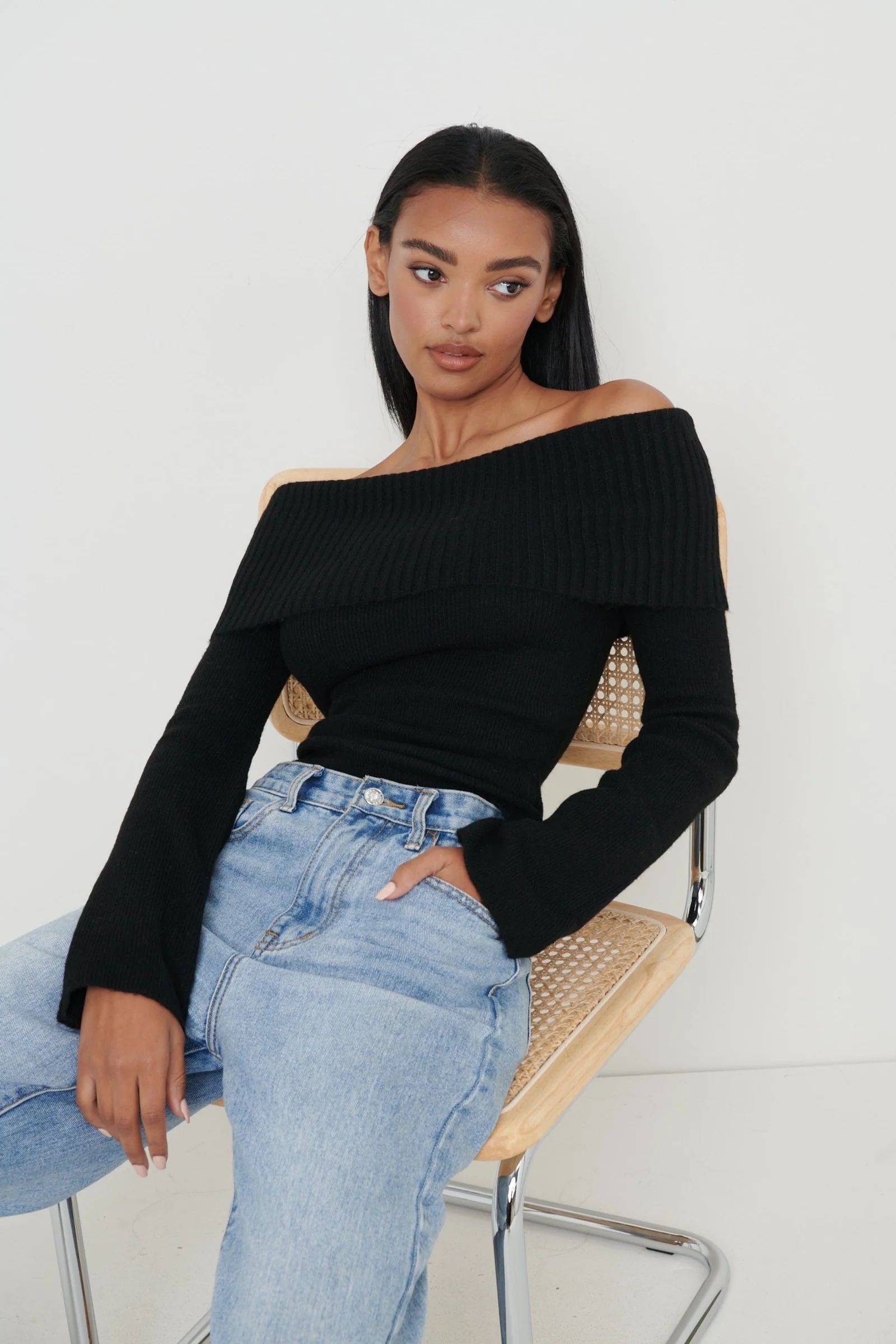 Soreya Bardot Soft Knit Top - Black | Pretty Lavish (UK)