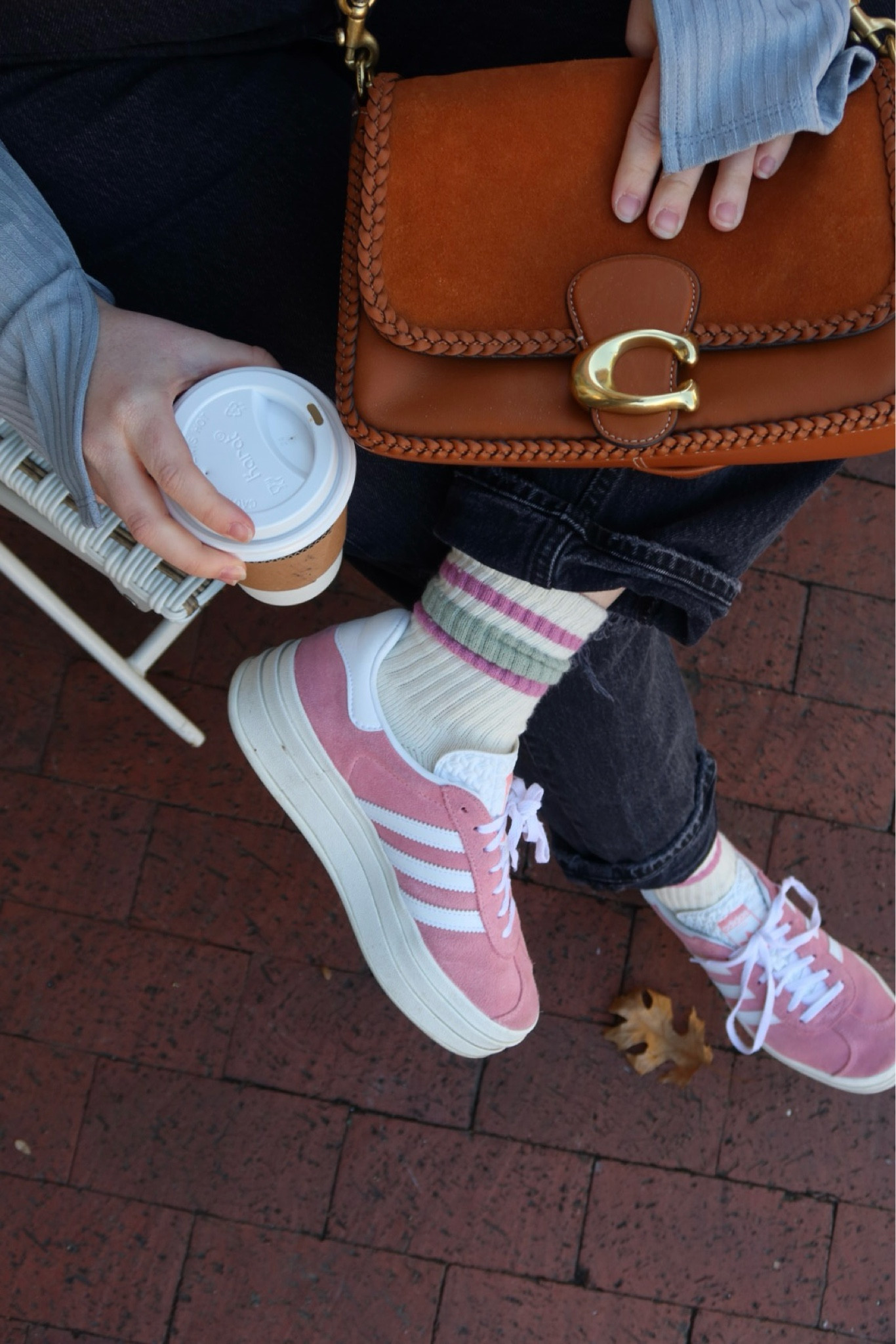 Coach Purse 
Adidas Gazelles
Free People Socks 

#LTKitbag #LTKstyletip