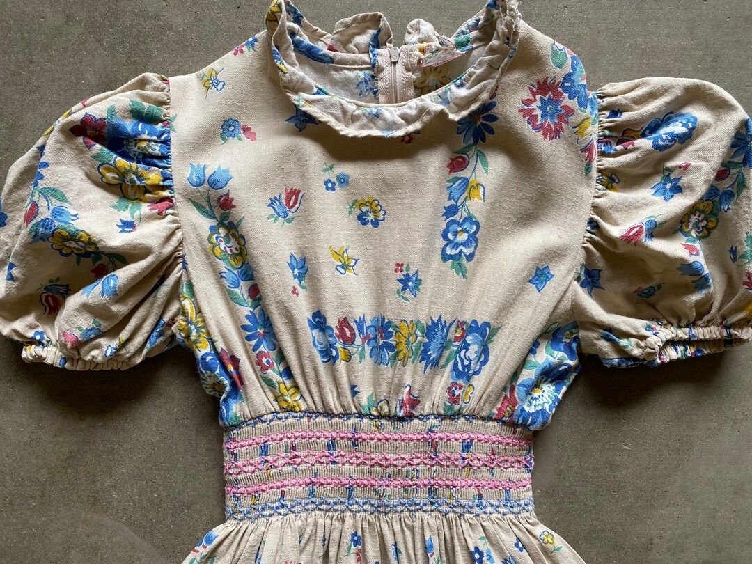 Vintage 70s Kids Floral Maxi Dress Puff Sleeve Beige Pink Blue Yellow Ruffle Hem Boho Hippie Yout... | Etsy (US)