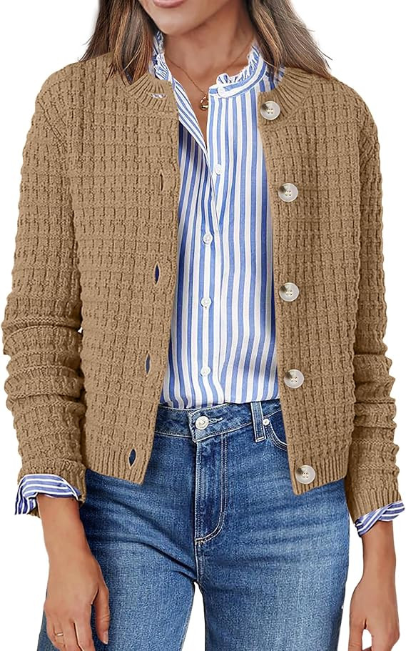Zeagoo Women's 2025 Cardigan Sweaters Button Down Crew Neck Open Front Long Sleeve Knit Cropped J... | Amazon (US)