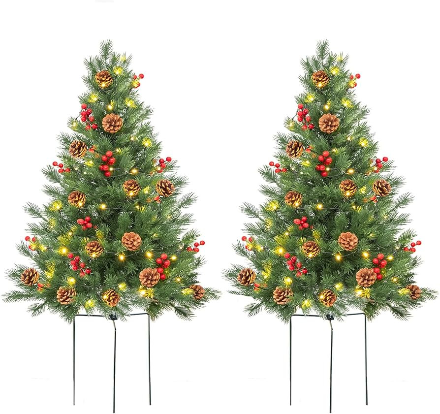 24 Inch Outdoor Christmas Tree 2 Set, Pre-lit Mini Flocked Christmas Tree Artificial Pathway Xmas... | Amazon (US)