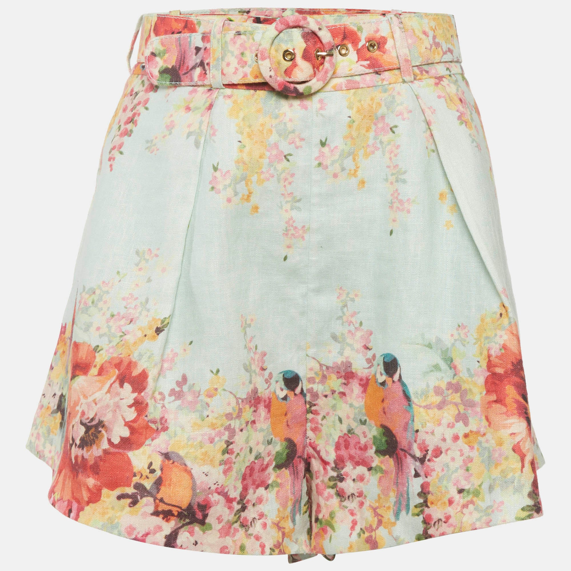 Zimmermann Blue Floral Print Linen Belted Shorts | Shop Simon