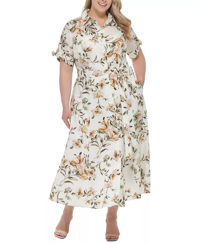 Plus Size Cotton Tie-Sleeve Belted Shirtdress | Macys (US)