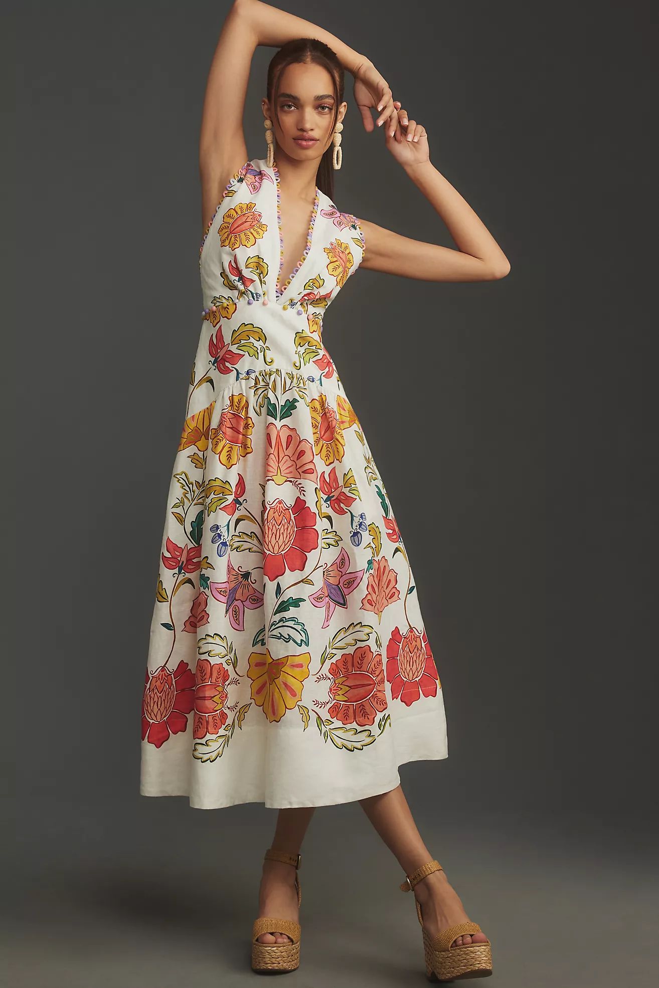 Farm Rio Floral V-Neck Sleeveless Linen Maxi Dress | Anthropologie (US)