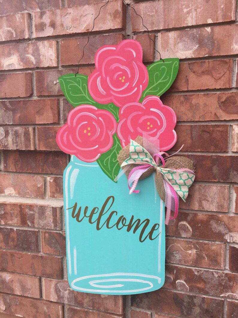 Spring Door Hanger, Floral Door Hanger, Mason Jar Door Hanger, Welcome Door Hanger, Summer Door H... | Etsy (US)