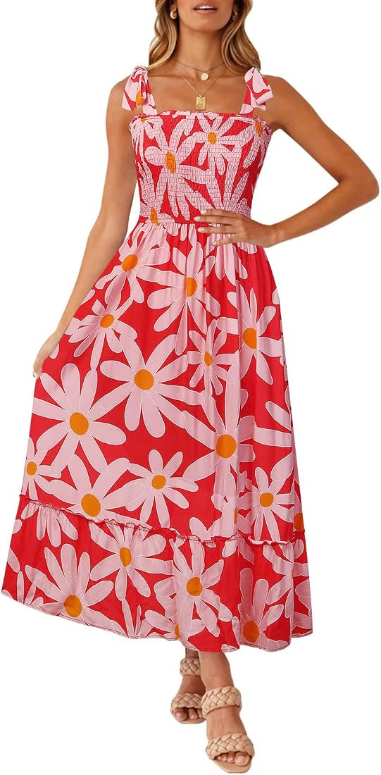 ZESICA Women's Boho Summer Floral Print Tie Straps Sleeveless Square Neck Smocked Flowy Ruffle A ... | Amazon (US)
