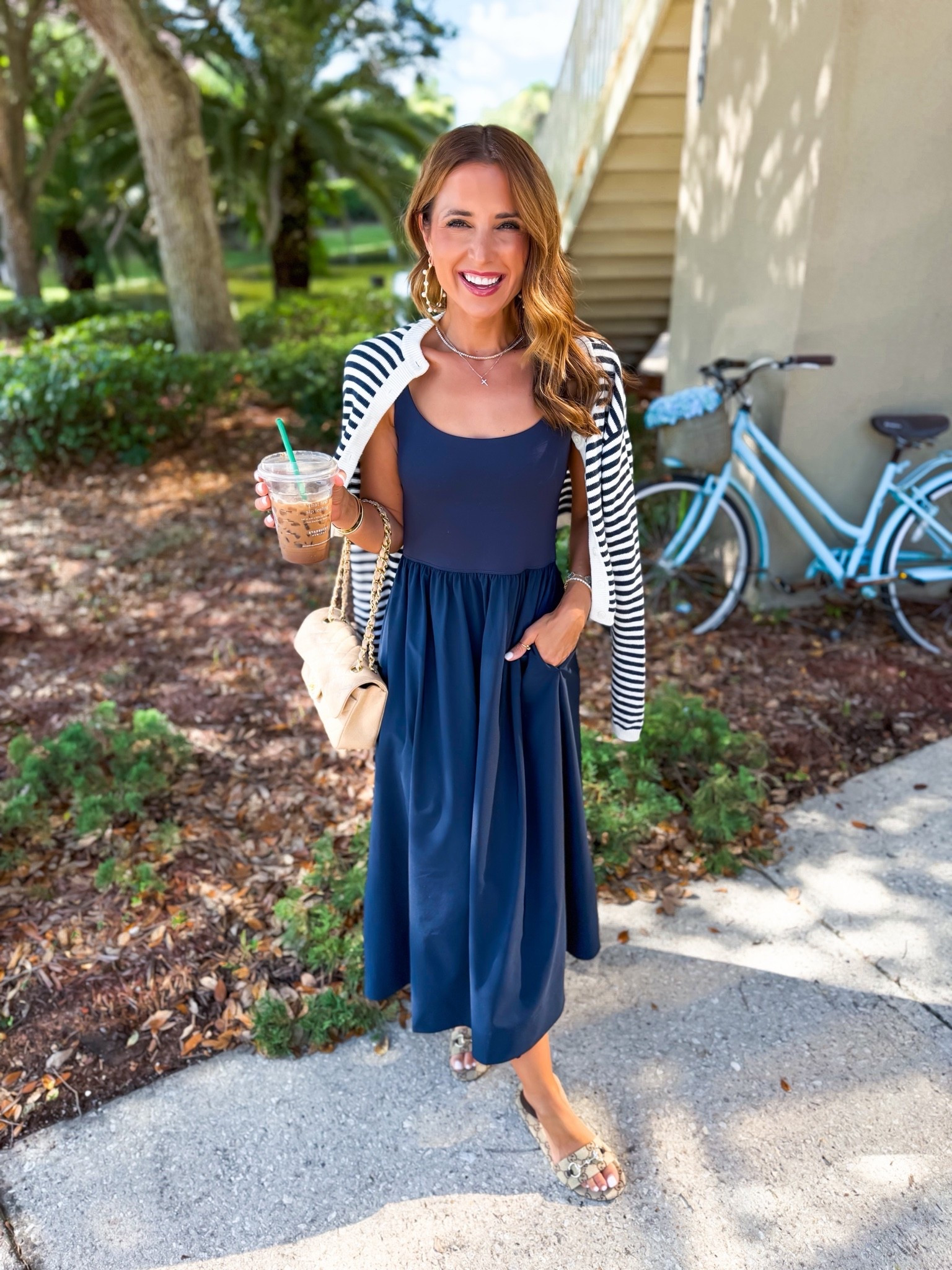 Amazon no bra needed maxi dress in XXS. Wrinkle-resistant fabric with shelf bra and removable cups. This also has adjustable straps and pockets! I love this for every, travel, and in a business casual environment. Aritzia striped cardigan in XXS. Travel outfit. Summer outfit. Summer style. Elevated casual. Teacher outfit. Gucci slides - I went up half a size. Fall outfit. Fall style.

#LTKootd #LTKWorkwear #LTKTravel