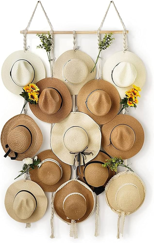 Hat Rack for Wall 31x53 in Hat Organizer with 15 Clips Hanging Macrame Hat Hangers for Wide Brimm... | Amazon (US)