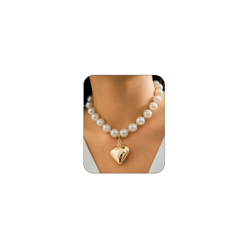 Chunky Heart Necklaces for Women Gold Chunky Puffy Heart Choker Necklace Y2k Big Heart Pendant Pearl Necklace Prom Jewelry Accessories (Gold Pearl) | Amazon (US)