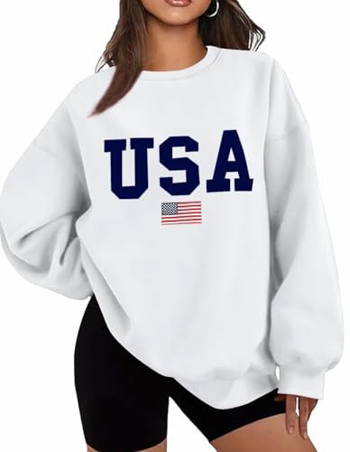 Lacozy Womens Oversized USA Sweatshirts American Flag Crewneck Sweater Long Sleeve Loose Fleece T... | Amazon (US)