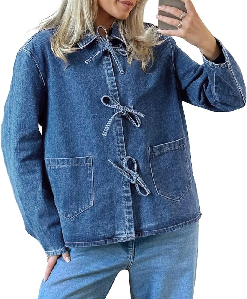 PLNOTME Womens Denim Jackets Casual Loose Fit Tie Front Tops Fashion Jean Coat with Pockets | Amazon (US)