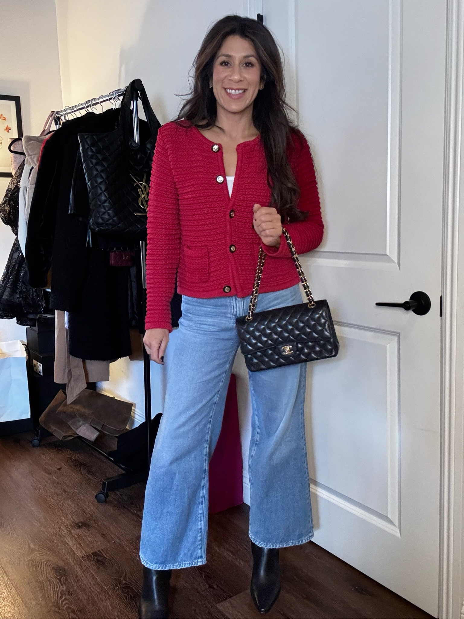 Channeling classic Parisian vibes with a modern twist ✨ Loving this bold red cardigan paired with wide-leg denim and sleek boots. A touch of Chanel never hurts, right? ❤️ #OOTD #EffortlessChic #WardrobeGoals

#LTKShoeCrush #LTKSeasonal #LTKStyleTip